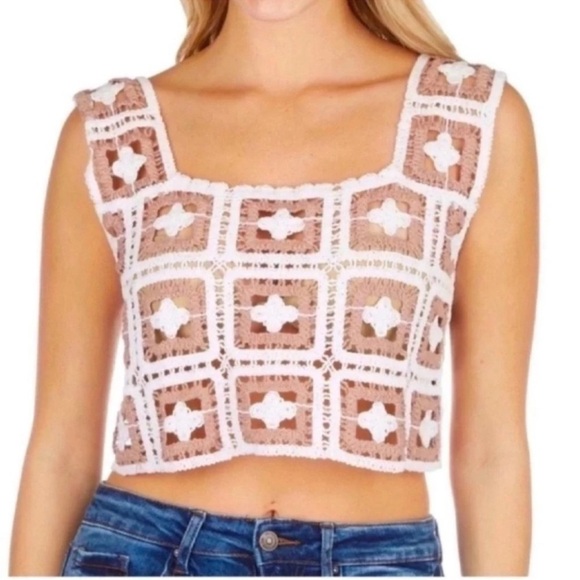 JULIA by Love J Square Crochet Cropped Tan Tank Top Size Large - Picture 1 of 7
